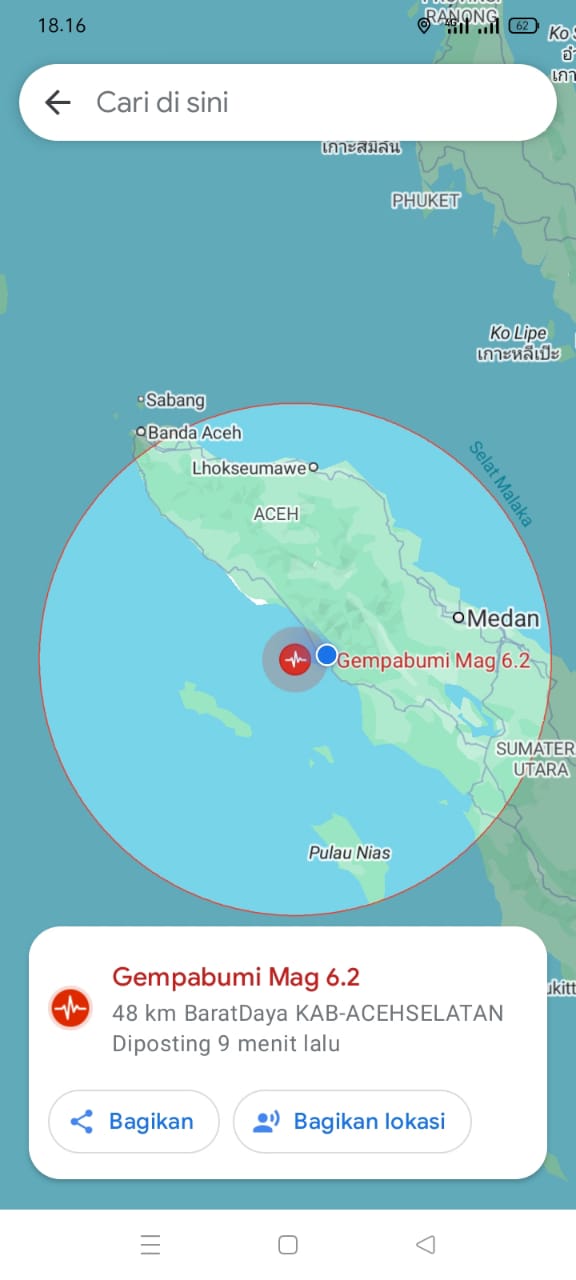 GEMPABUMI TEKTONIK M 6,2 DI SAMUDRA HINDIA SEBELAH BARAT ACEH SELATAN,  TIDAK BERPOTENSI TSUNAMI