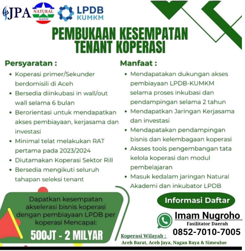KESEMPATAN TERBATAS! Koperasi di Aceh Bisa Dapat Pembiayaan Hingga 2 Miliar! Daftar Sekarang! Batas Pendaftaran 29 Maret 2025