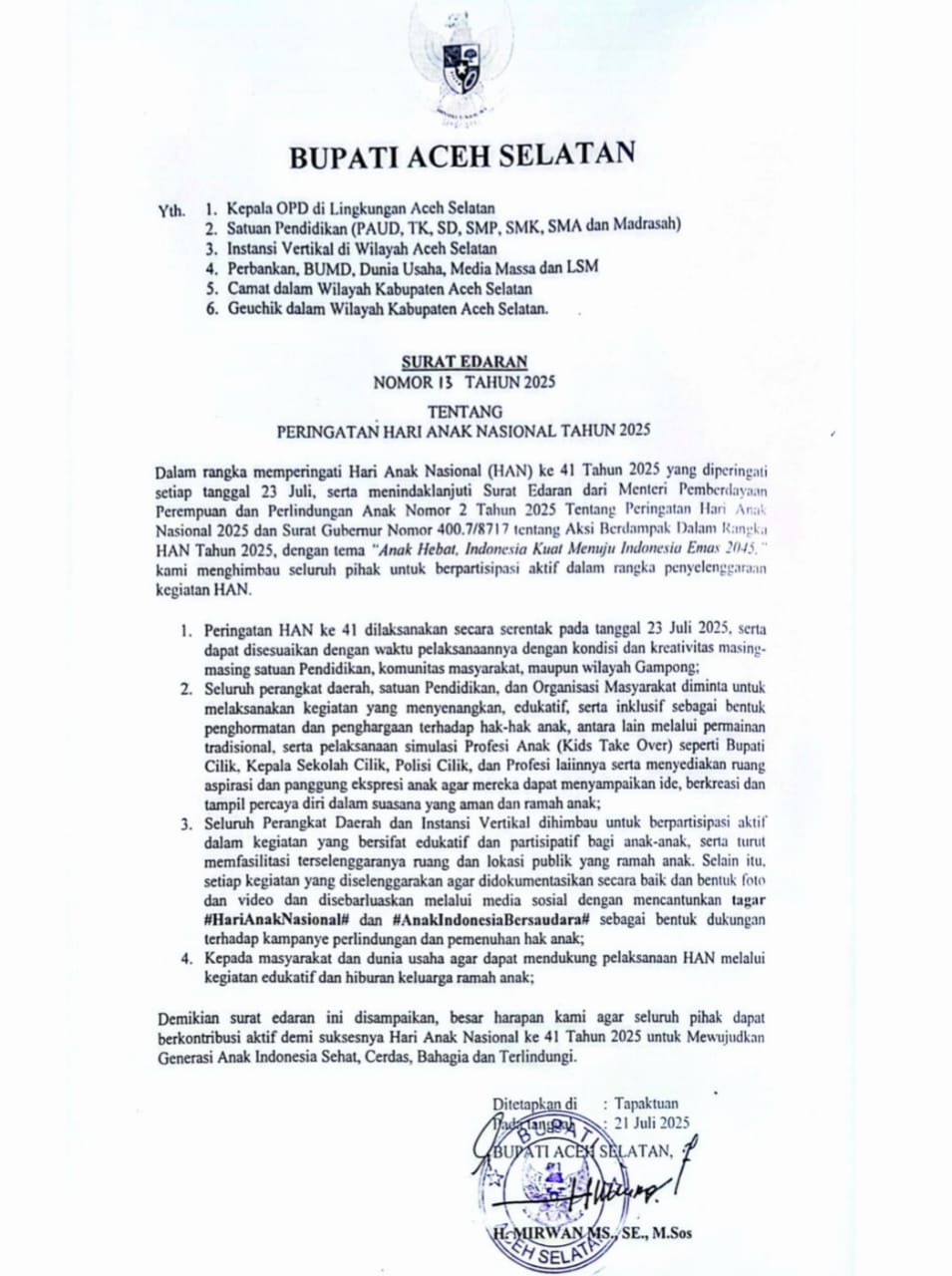 ‎Peringati Hari Anak Nasional 2025, Bupati Aceh Selatan Ajak Dunia Pendidikan dan Semua Pihak Rayakan dengan Kreativitas