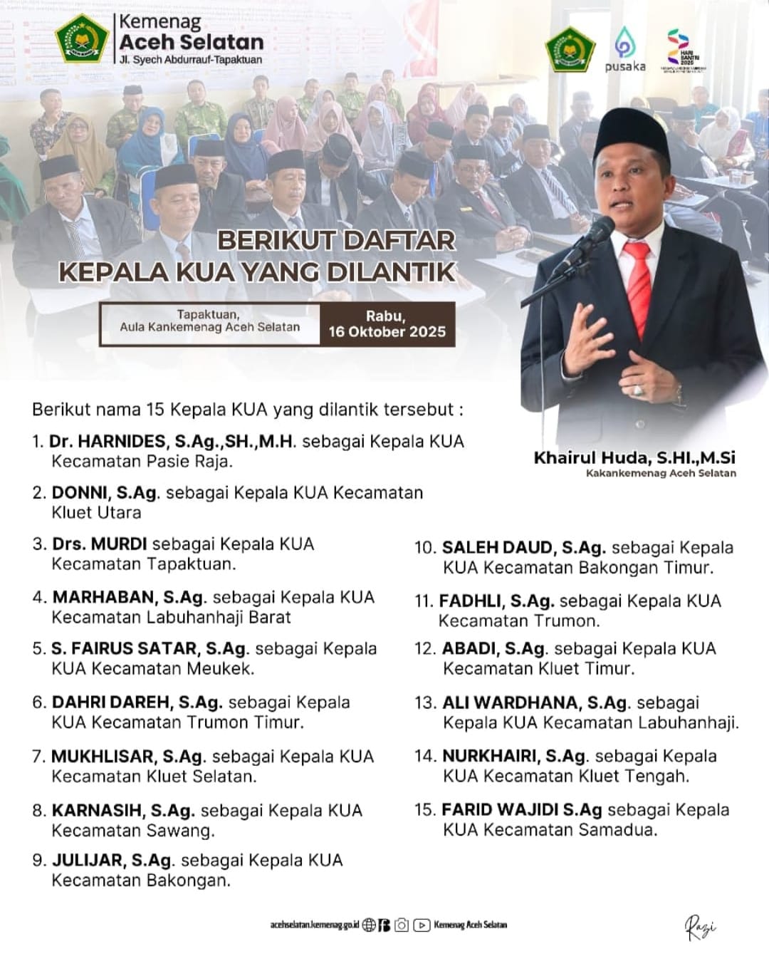Kakankemenag Aceh Selatan Lantik 15 Kepala KUA Kecamatan